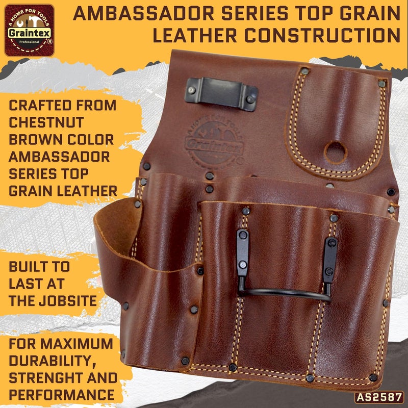 Graintex Drywall Pouch Right Handed Ambassador Series Chestnut Brown Color Top Grain Leather, 1 Hammer Holder, Drywall Tool Belt, Framers Tool Pouch, Construction, Carpenter, Electricians - AS2587 - Image 5